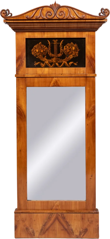 Biedermeier- Pfeilerspiegel mit feiner floraler und ornamentaler Schwarzlotmalerei.
