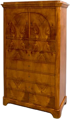 Außergewöhnliche Biedermeier- Hochkommode mit Hutschachtel.