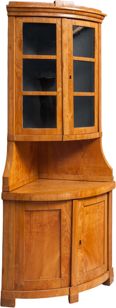 Eckschrank à deux corps (zweiteilig) mit verglastem Oberteil.