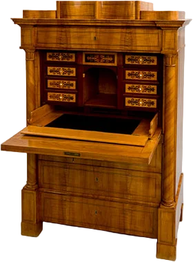 Biedermeier- Sekretär mit freistehenden Dreiviertelsäulen.
