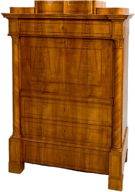 Biedermeier- Sekretär mit freistehenden Dreiviertelsäulen.