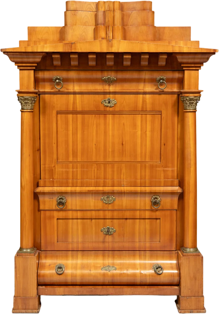 Hochqualitatives Biedermeierensemble bestehend aus einem zierlichen Halbschrank in Kommodenform; einem Bücherschrank und einem Schreibsekretär. Hervorragender Originalzustand.