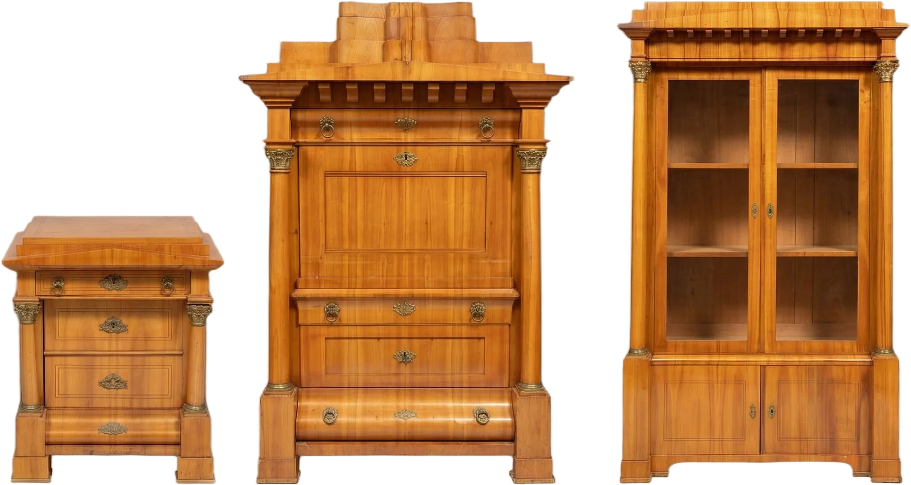 Hochqualitatives Biedermeierensemble bestehend aus einem zierlichen Halbschrank in Kommodenform; einem Bücherschrank und einem Schreibsekretär. Hervorragender Originalzustand.